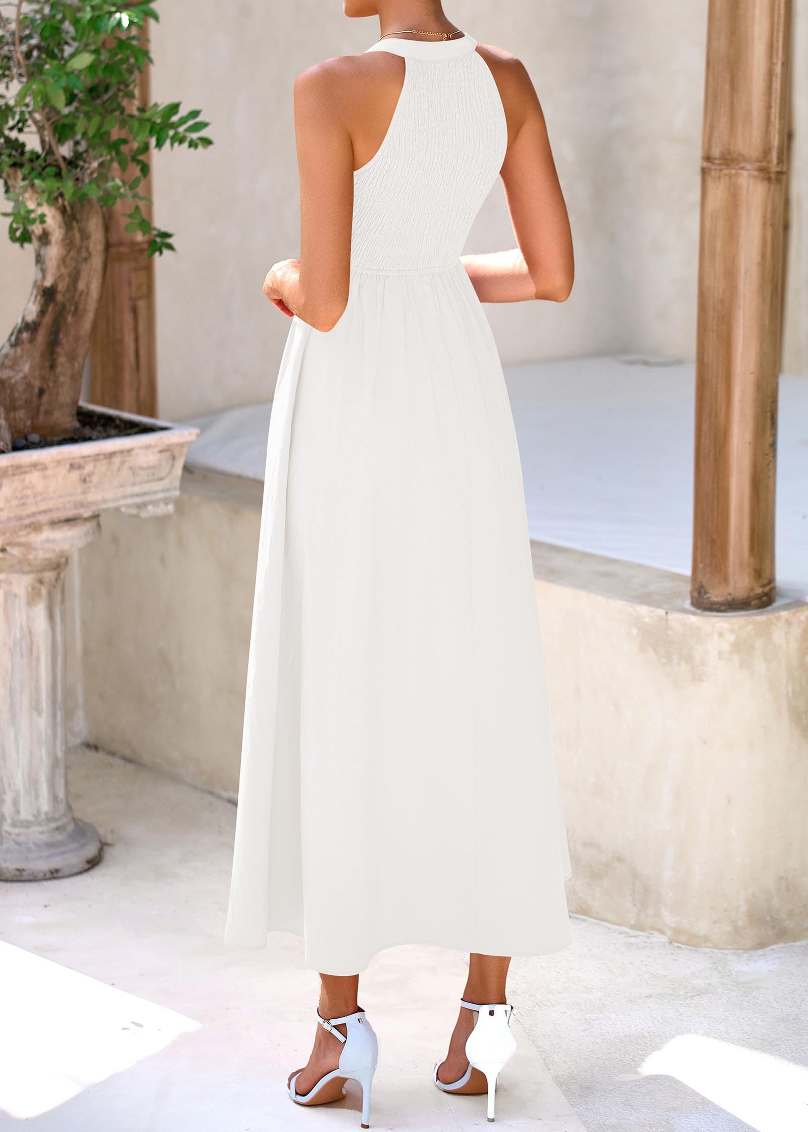 KIRUNDO Women Summer Sleeveless Halter Maxi Dress Sundress 2025 Casual Flowy Wedding Guest Cocktail Beach Vacation Dresses(White, Medium)