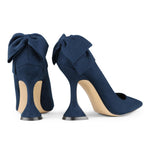 Load image into Gallery viewer, Zzheels Women's Bow High Heels Closed Toe Heels with Bow Chunky Heels Bridal Wedding Shoes Blue Suede US6
