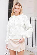 Load image into Gallery viewer, Saodimallsu Womens Cable Knit Cropped Sweater Fall Chunky Puff Long Sleeve Crewneck Loose Casual Pullover Tops White
