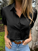 Load image into Gallery viewer, Tankaneo Women&#39;s Button Down Shirts Short Puff Sleeve Collared Dressy Casual Blouse Tops Black

