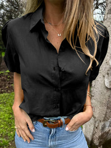 Tankaneo Women's Button Down Shirts Short Puff Sleeve Collared Dressy Casual Blouse Tops Black
