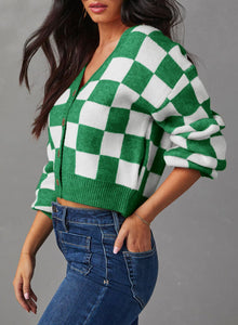 Dokotoo Cardigan Sweaters for Women Button Up Long Sleeve Cable Knit Cropped Sweater 2025 Winter V Neck Plaid Sweaters Fashion Loose Cardigans Coats Outerwear Green L