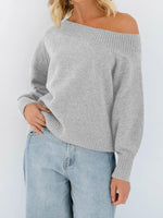 Load image into Gallery viewer, Saodimallsu Womens Off The Shoulder Sweater Long Sleeve Boat Neck Pullover 2025 Casual Trendy Loose Knit Tops Light Grey
