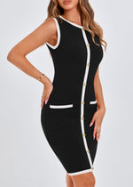 Load image into Gallery viewer, KIRUNDO Women&#39;s Semi Formal Business Casual Dress 2025 Summer Elegant Knit Slim Fit Color Block Button Work Office Dresses(Black, Medium)
