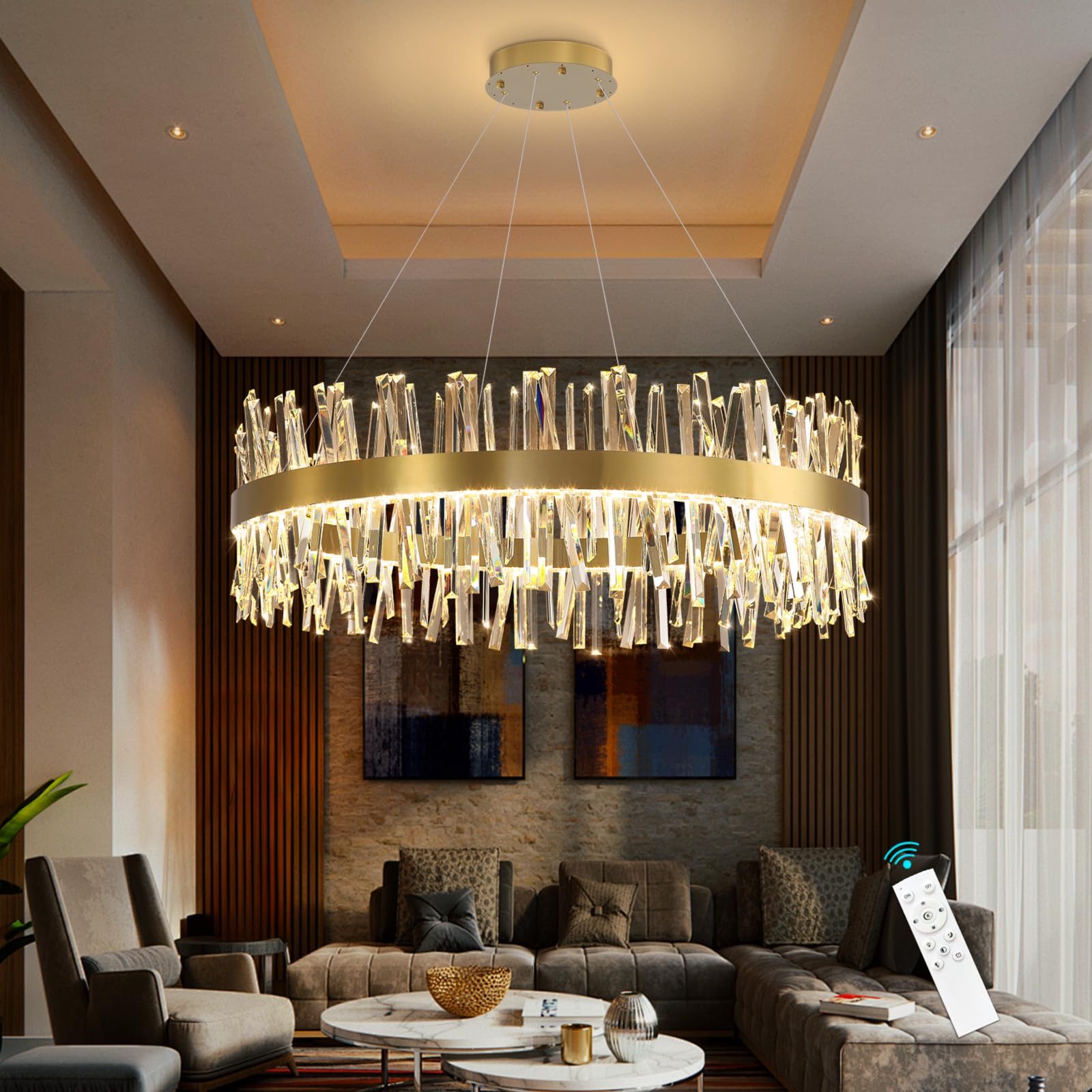 HAIXIANG Glam LED Chandelier 39.3 Inch Crystal Ring Chandeliers with Remote Dimmable LED Light Indoor Hanging Lights Luxury Ceiling Pendant Lighting Fixtures Living Dining Bedroom Gold Light