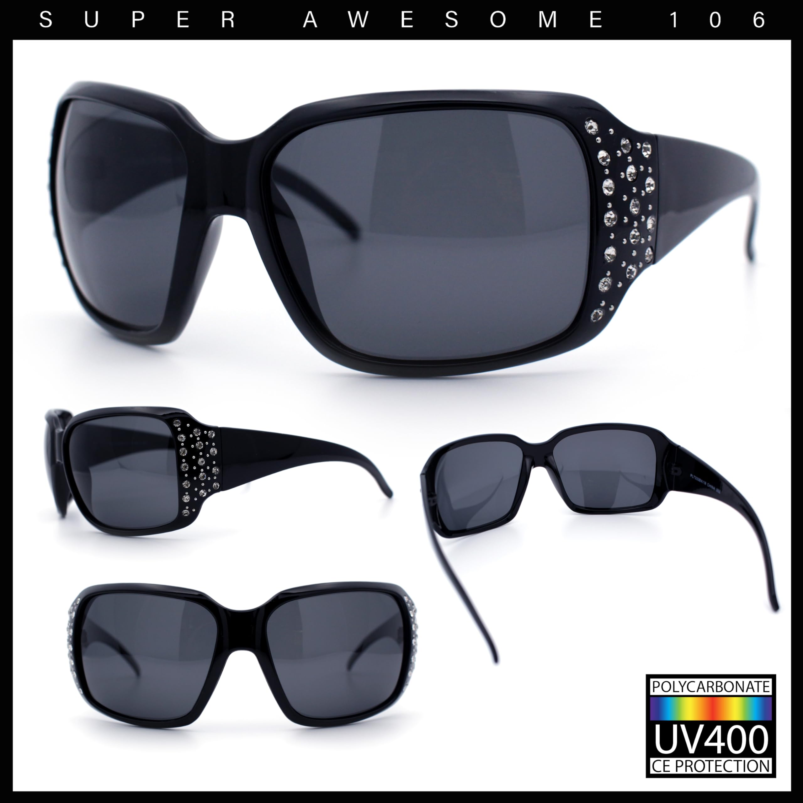 SA106 Polarized Lens Oversize Rhinestone Bling Sparkling Womens Sunglasses All Black