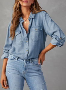 Astylish Womens Denim Tops Chambray Jean Shirts V Neck Business Casual Long Sleeve Button Down Blouse Dusk Blue Large