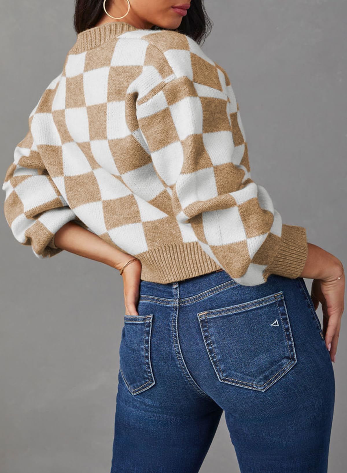 Dokotoo Teacher Outfits for Women Lightweight Fashion 2025 V Neck Checkered Winter Fall Cozy Button Down Long Sleeve Cable Knit Cropped Cardigan Sweaters Tops Outerwear L Khaki