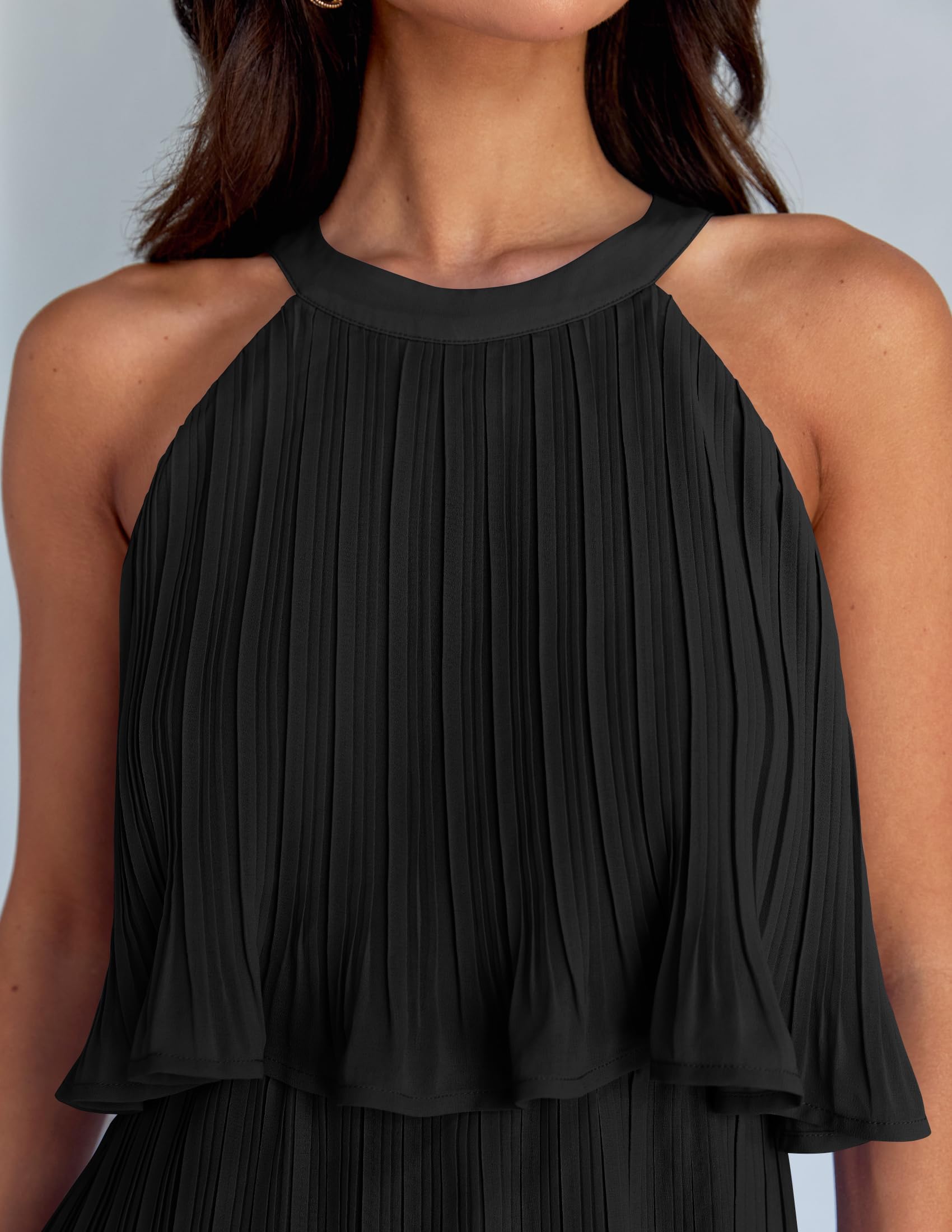 ZESICA Women's 2025 Summer Halter Dresses Sleeveless Ruffle Tiered Layered Chiffon Pleated A Line Swing Mini Dress,DarkBlack,Medium