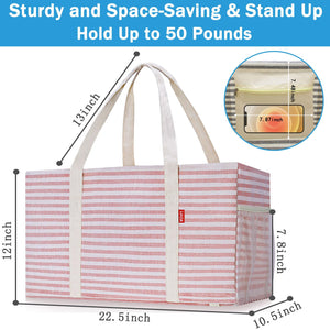 LHZK Standing Extra Large Utility Tote Bag with Metal Wire Frame and the Sides Rinforced, Extra Large Tote Bag with Handle, Reusable Grocery Bags Foldable, Beach Bag, Car Tote (Pink)
