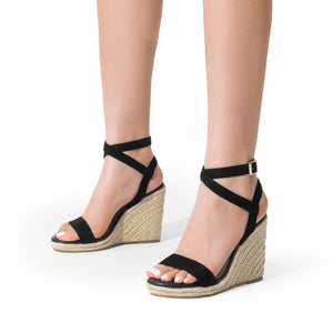 DREAM PAIRS Womens Open Toe Espadrilles Dressy Platform Sandals Buckle Ankle Strap Stylish Wedges Sandals,Size 8,BLACK/SUEDE,SDPW2211W