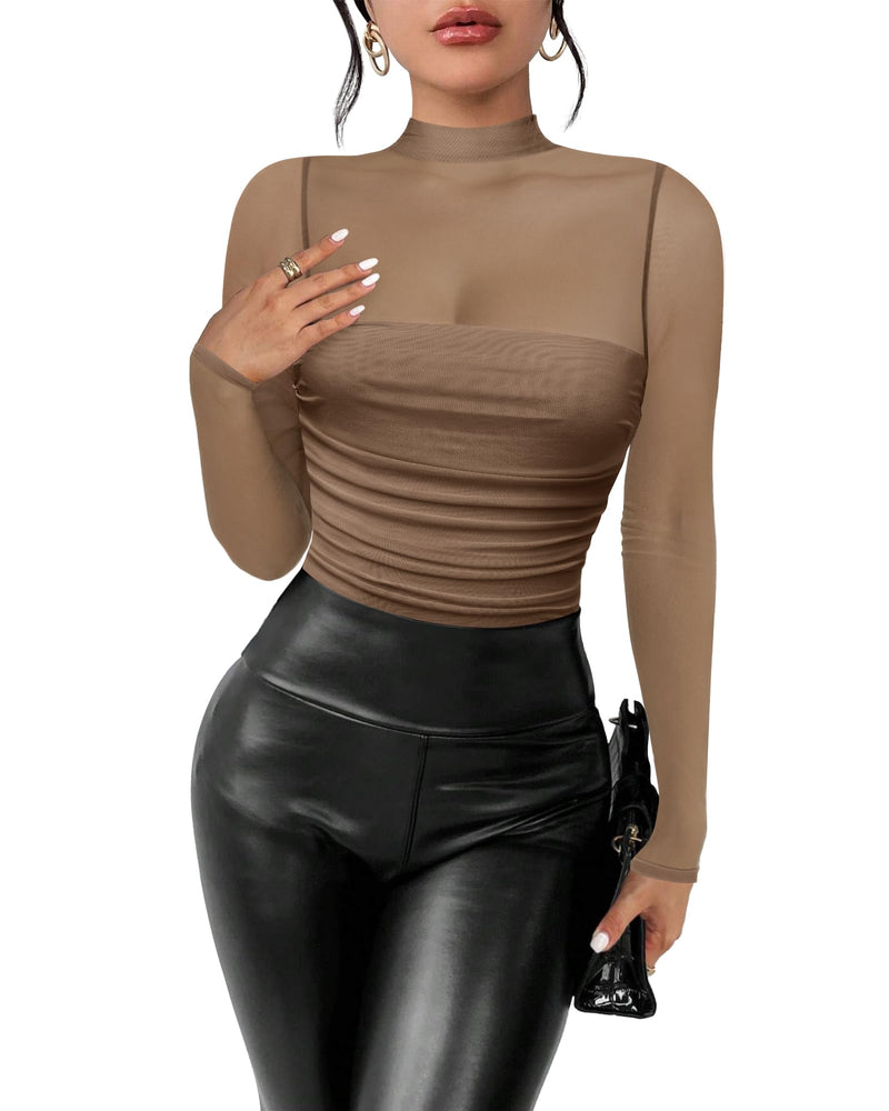 Kentysill Women's Sexy Bodysuit for Outfits: Mock Turtle Neck Long Sleeve Body Suit - Mesh Sheer Ruched Going Out Bodysuits Brown XXL
