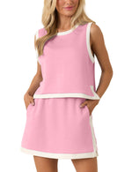 Load image into Gallery viewer, RIATOUR Womens 2 Piece Skirt Set Summer Color Block Sleeveless Crop Top Elastic Waist Skirt Lounge Set Outfits (Pink-XL)
