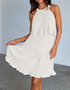 ZESICA Women's 2024 Summer Halter Dresses Sleeveless Ruffle Tiered Layered Chiffon Pleated A Line Swing Mini Dress,White,Medium