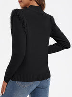 Load image into Gallery viewer, Saodimallsu Womens Cable Knit Sweaters Mock Neck Fringe Fitted Long Sleeve Boho Trendy Pullover Tops Black
