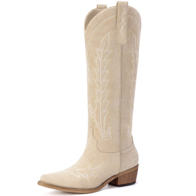 Rivalran Beige Suede Cowboy Boots for Women - Wide Calf Knee High Pointed Toe Chunky Heel Pull On Zipper Western Cowgirl Boots, Retro Country Vintage Fashion Tall Boots US Size 8