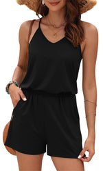 Load image into Gallery viewer, MISFAY Womens Summer Loose V Neck Spaghetti Strap Short Jumpsuit Rompers (S, Black)
