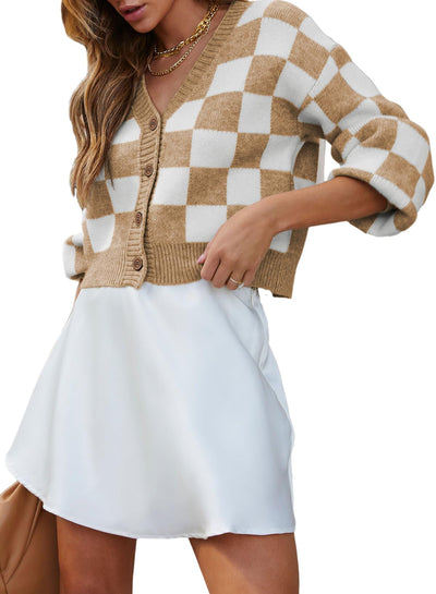 Dokotoo Teacher Outfits for Women Lightweight Fashion 2025 V Neck Checkered Winter Fall Cozy Button Down Long Sleeve Cable Knit Cropped Cardigan Sweaters Tops Outerwear L Khaki