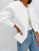 Load image into Gallery viewer, ZESICA Women's Open Front Cardigan Sweater 2025 Fall Casual Knitted Long Sleeve Pearls Trim Outerwear Coat Trendy Clothes White Large

