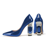Load image into Gallery viewer, JANSEVEN Women Chunky Heels Pumps Royal Blue Crystal Block Heels with Rhinestones 4 Inches Pointed Toe Sexy Patent Leather Slip on Bridal Party Wedding Dress Shoes US Size 7.5
