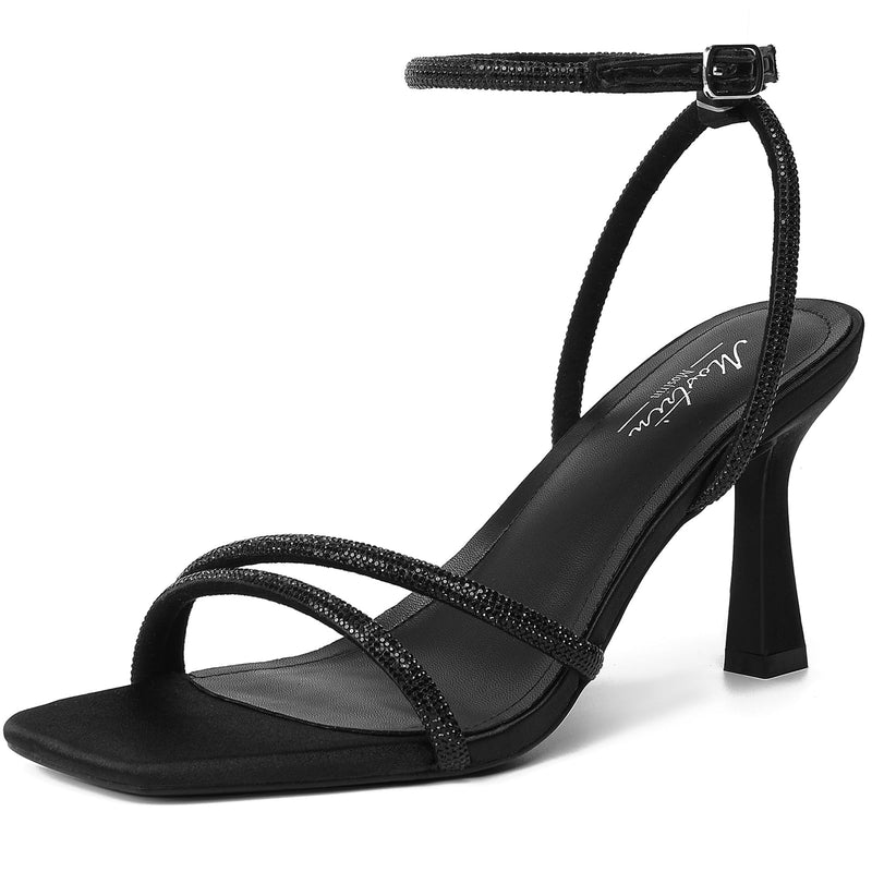 Mostrin Black Strappy Rhinestone Heels for Women Ankle Strap Lace Up Square Open Toe Heels Stiletto High Heeled Sandals for Wedding, Prom, Party, Daily Size 9