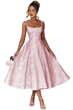 Load image into Gallery viewer, EBAKUS Tea Length Prom Dresses for Women Midi Elegant Square Neck Jacquard Floral Satin Bridesmaid Dress Pink A-Line Spaghetti Straps Evening Dress with Bow Size 6
