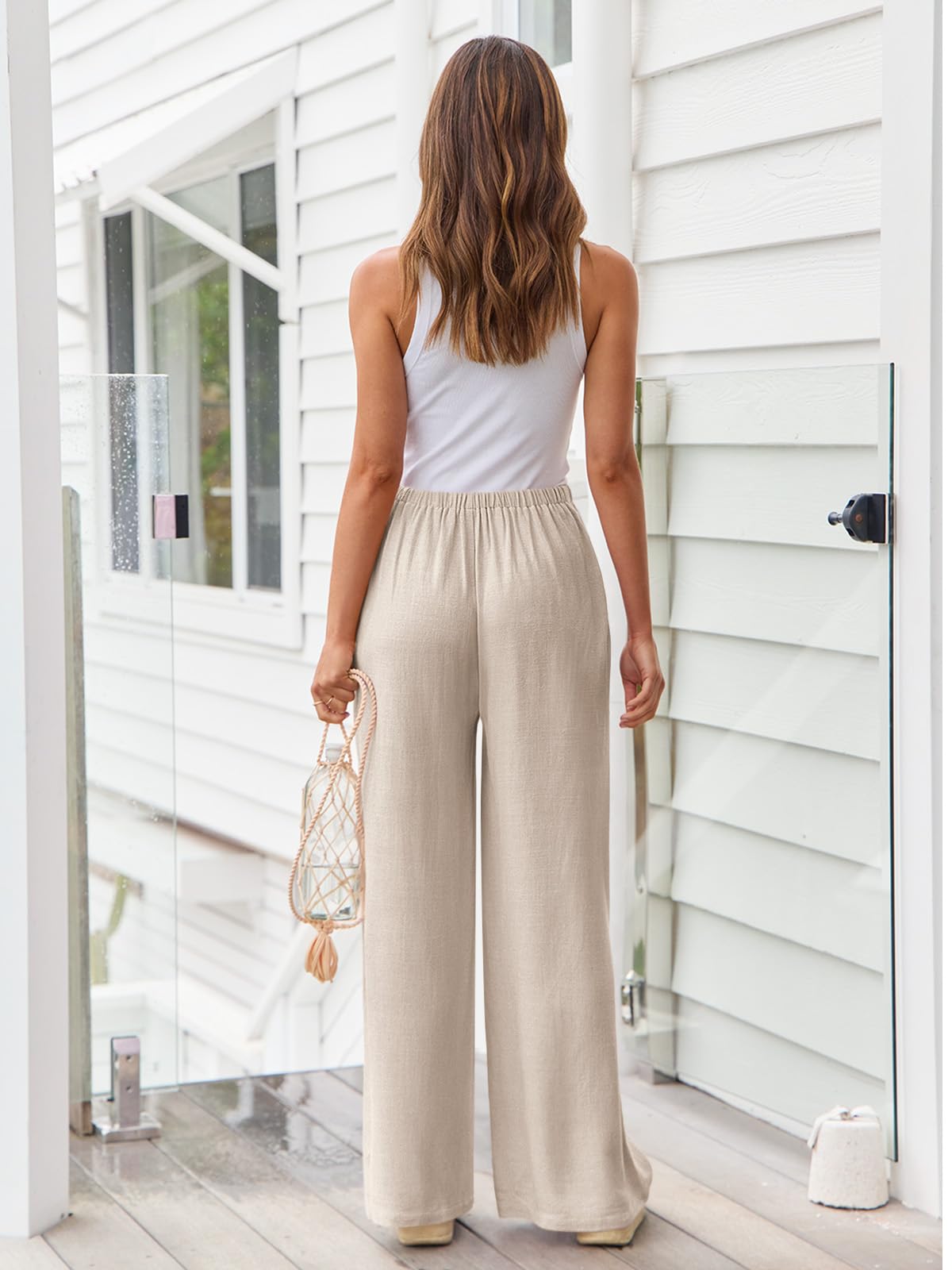 LILLUSORY Linen Wide Leg Pants Womens Palazzo Flowy Beach Vacation 2025 Summer Spring Fashion Outfits Clothes Clothing Trendy Skirt Cruise High Waisted Bohemian Travel Trousers with Pockets Apricot