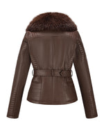 Load image into Gallery viewer, Bellivera Women's Faux Leather Short Jacket Moto Sherpa-Lined Belt Coat with Removable Fur Collar 9203 Brown S
