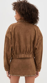 Load image into Gallery viewer, MOON RIVER Women's Stud Detail Zipper Front Faux Suede Jacket, Camel, Brown, M
