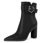 Load image into Gallery viewer, Zamikoo Women Boots Ankle Block Chunky Heel Pointed Toe Beaded High Heeled Fall Short Booties Buckle Strap Side Zipper 3.5 Inches Matte Black US Size 7
