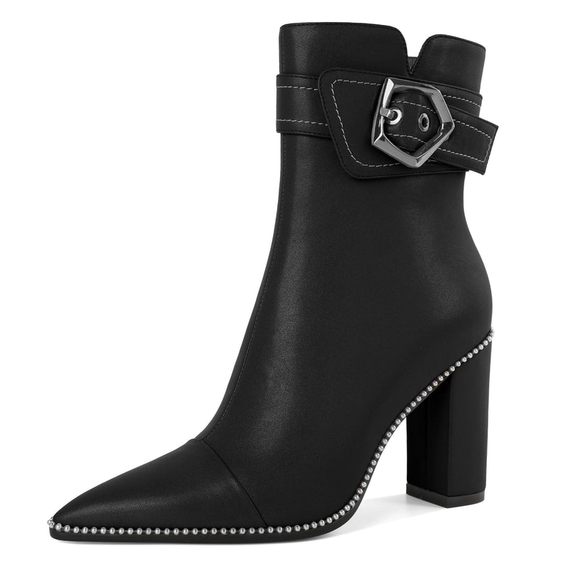 Zamikoo Women Boots Ankle Block Chunky Heel Pointed Toe Beaded High Heeled Fall Short Booties Buckle Strap Side Zipper 3.5 Inches Matte Black US Size 7