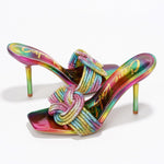 Load image into Gallery viewer, Cape Robbin Women&#39;s Stiletto Heels - Slip-On Sandals with Rhinestone-Embellished Knot &amp; Open Toe (Flynn) - Rainbow Pink Green Yellow Multicolored Size 7
