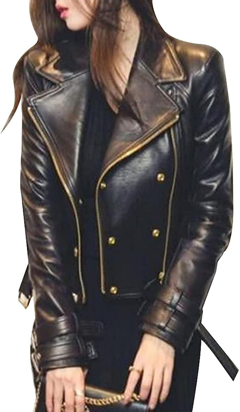 Jnriver Black leather motorcycle jacket womens gold leather jacket studs