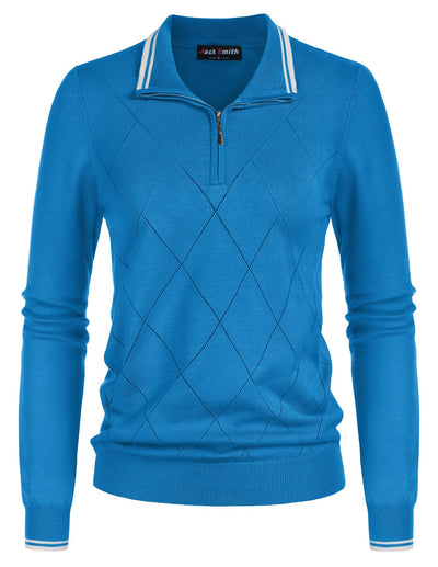 Women's Long Sleeve Argyle Knit Sweater Fitted Polo Pullover Work Casual Tops(XXL, Dodger Blue)