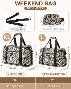 Expandable Travel Duffle Bag, Waterproof Weekender Overnight Bags for Women Men Hospital Bag for Women Labor Delivery Carry on Bag with Toiletry Bag for Travel Gym Airplanes(Leopard, X-Large)