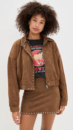 Load image into Gallery viewer, MOON RIVER Women's Stud Detail Zipper Front Faux Suede Jacket, Camel, Brown, M
