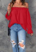 Load image into Gallery viewer, Spriolim Womens Off Shoulder Blouse Long Sleeve Casual Elegant Ruffle Chiffon Top Red, Large
