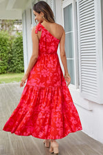 Load image into Gallery viewer, PRETTYGARDEN Women&#39;s Summer Floral Maxi Dress Knot One Shoulder Sleeveless Ruffle Flowy Boho Beach Wedding Guest Dresses (Red Floral,Small)
