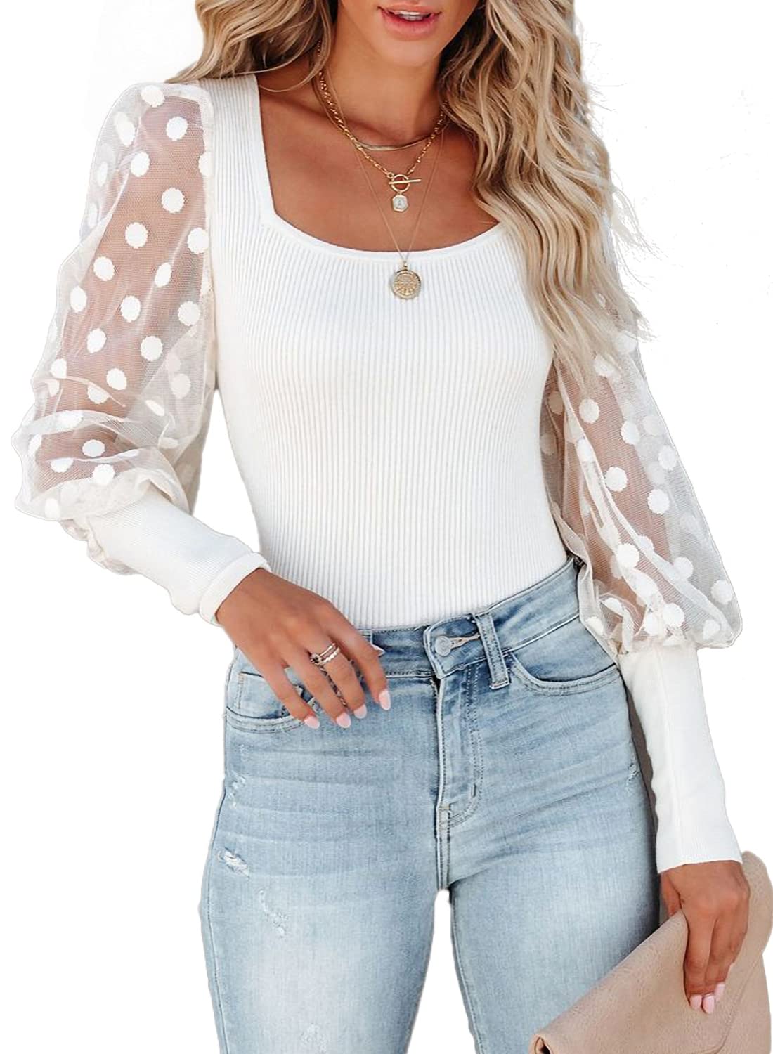 miduo Women's Knit Tops Slim Fit Scoop Neck Swiss Dot Lace Long Sleeve Ribbed Knitted Shirts Sweater Fancy Tops Blouses for Women White XL
