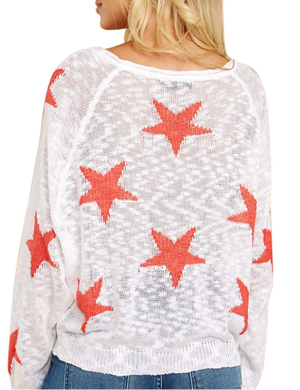xxxiticat Women's Casual Star Tank Tops Long Sleeve Off The Shoulder Knitted Tunic Tops Boat Neck Pullover Sweater Jumpers(LWH,S)
