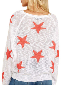 xxxiticat Women's Casual Star Tank Tops Long Sleeve Off The Shoulder Knitted Tunic Tops Boat Neck Pullover Sweater Jumpers(LWH,S)