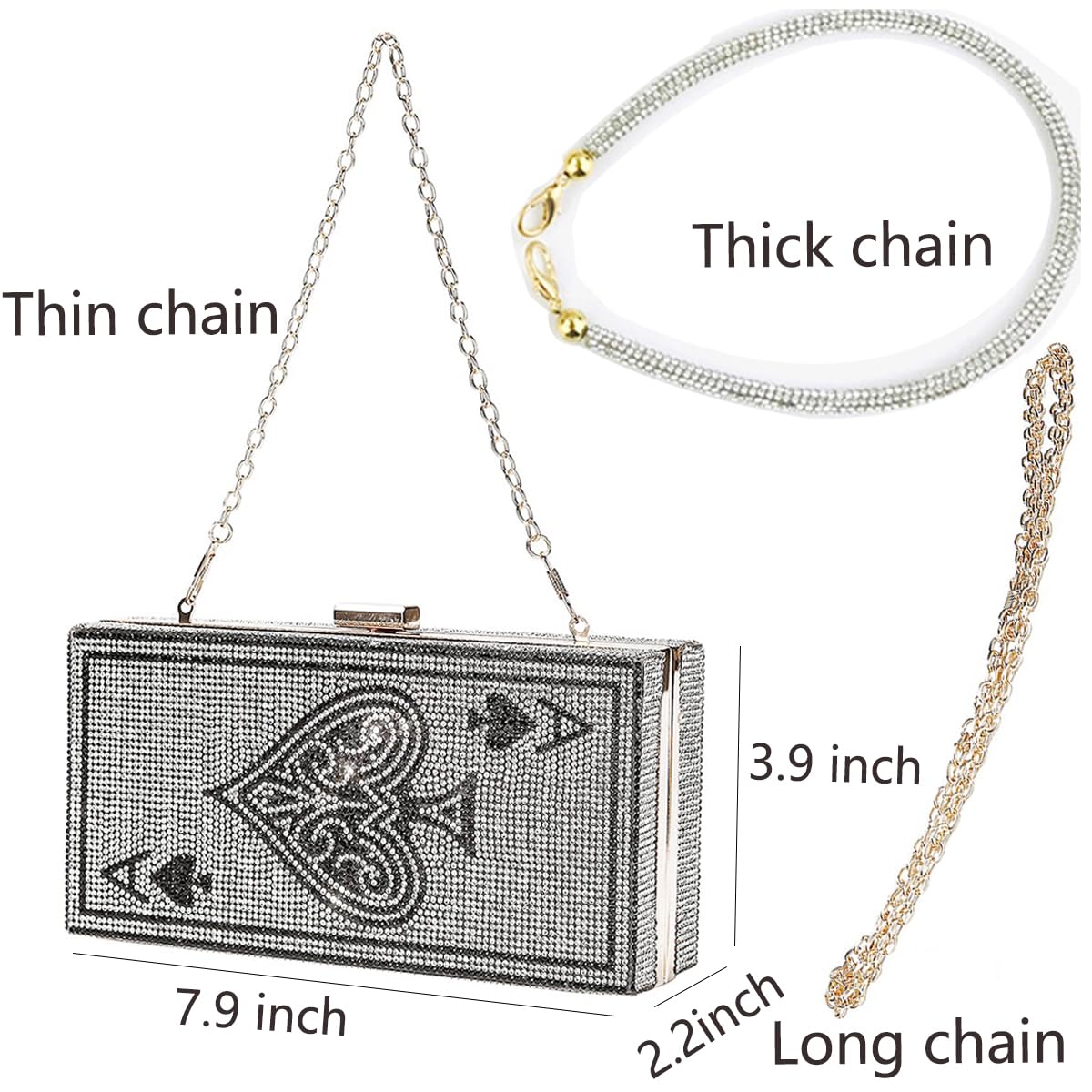 MAYIFDO Diamond Sliver Crystal Evening Bag Rhinestone Bling Handbags Ace of Spades Purses Poker Card Clutch For Party.