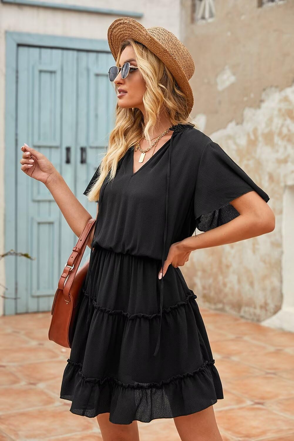 Dokotoo Womens Cute Spring Summer Casual Sexy Deep V Neck Ruffle Chiffon Lantern Short Sleeve Elegant Empire Waist Flowy Mini Short Skirt Dresses for Women Party 2025 Black US 8 10