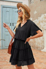 Load image into Gallery viewer, Dokotoo Womens Cute Spring Summer Casual Sexy Deep V Neck Ruffle Chiffon Lantern Short Sleeve Elegant Empire Waist Flowy Mini Short Skirt Dresses for Women Party 2025 Black US 8 10
