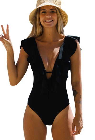 SPORLIKE Women One Piece Swimsuit V-Neck Ruffle Bathing Suit Padded Monokini(Black,Large)