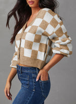 Load image into Gallery viewer, Dokotoo Teacher Outfits for Women Lightweight Fashion 2025 V Neck Checkered Winter Fall Cozy Button Down Long Sleeve Cable Knit Cropped Cardigan Sweaters Tops Outerwear L Khaki
