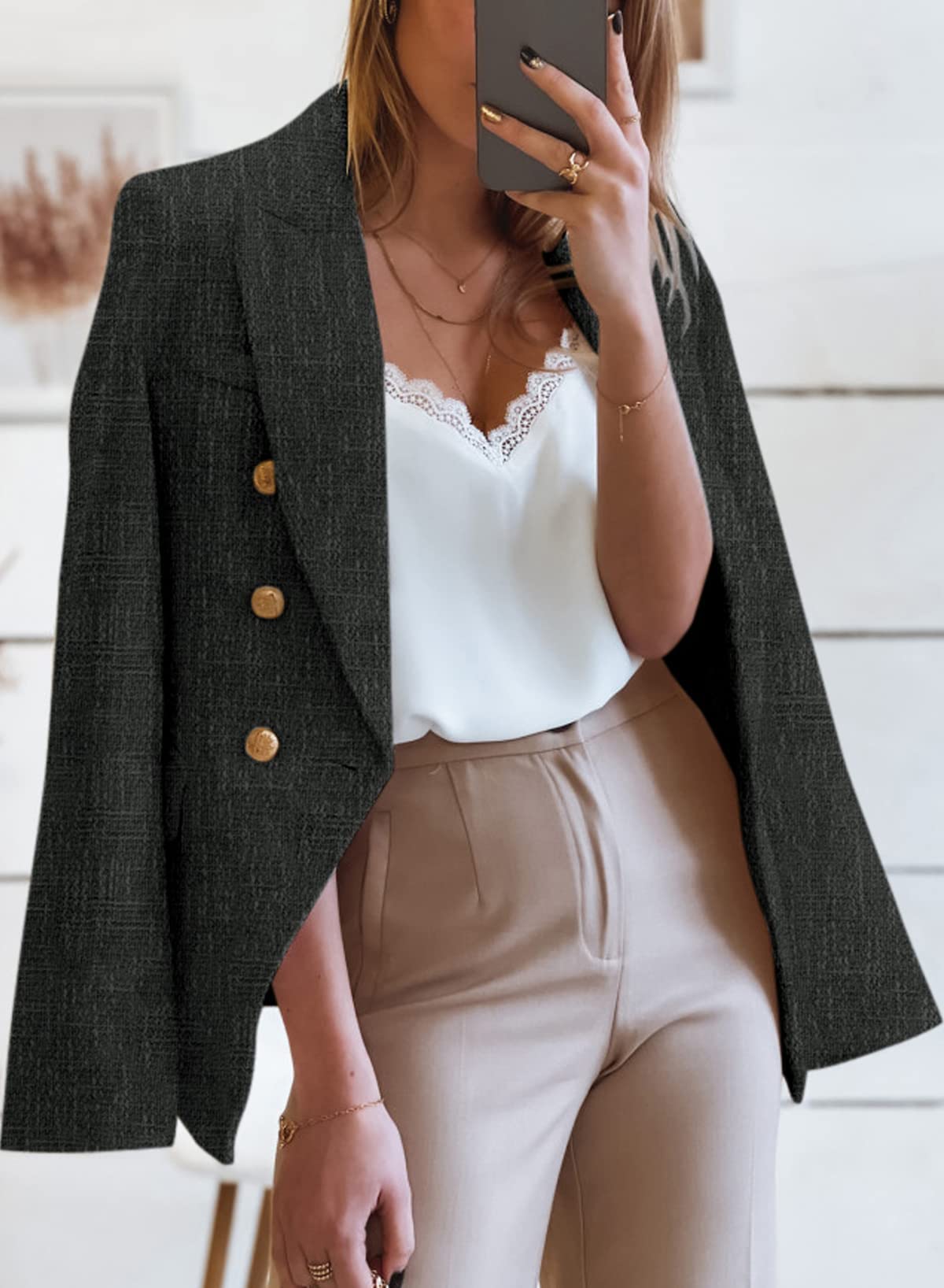 Happy Sailed Double Breasted Tweed Blazers for Women Slim Fitted Professional Lapel Collar Office Blazer Jackets Fall Long Sleeve Open Front Business Suits for Work Black Medium