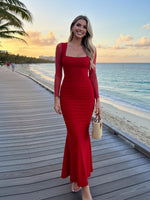 Load image into Gallery viewer, BORIFLORS Women's Ruched Bodycon Long Sleeve Maxi Dress Mesh Square Neck Cocktail Party Long Dresses, Medium, Red
