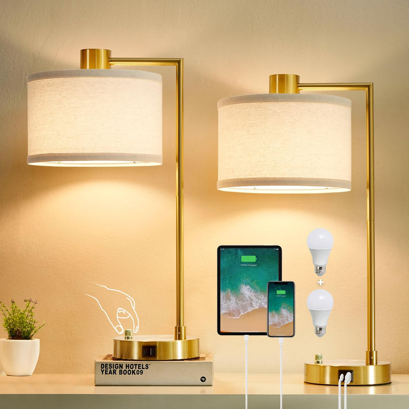 Luvkczc Table Lamp for Bedroom Set of 2 with USB C+A Ports, Fully Stepless Dimmable Bedside Lamp with Linen Lampshade, Nightstand Lamp for Living Room Reading Office, 2 LED Bulbs Included (Gold)