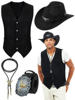 Load image into Gallery viewer, Cutecrop 4 Pcs Western Cowboy Outfits for Men Suede Leather Vest Hat Bolo Tie Belt for Western Halloween Cosplay(Large,Black)
